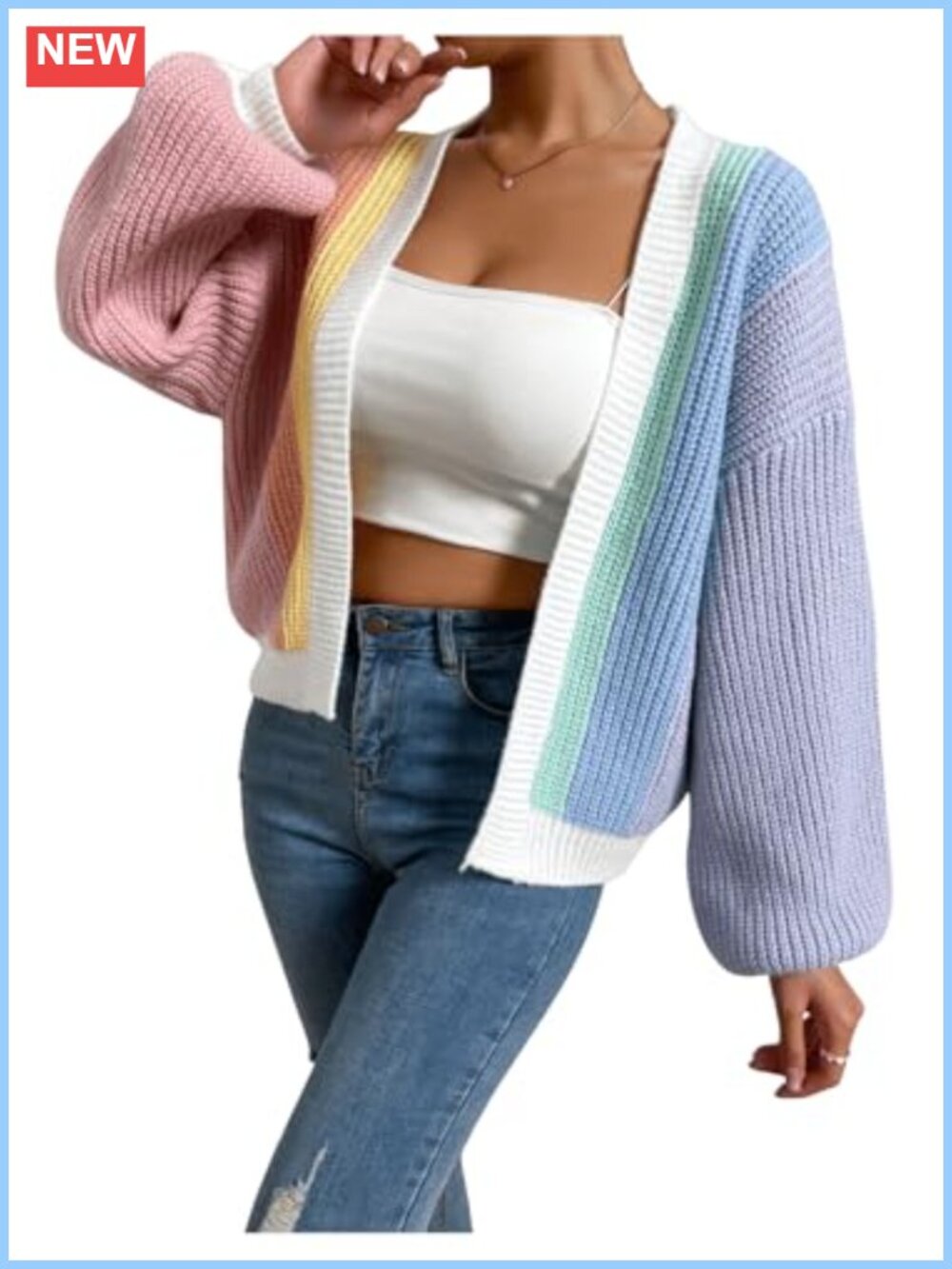Women's Color Block Cropped Cardigan Open Front Ribbed Knit Sweater